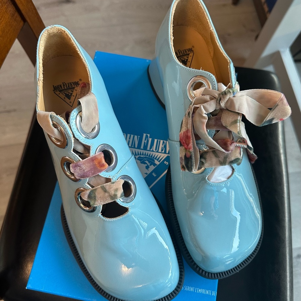John Fluevog Women's Light Blue Patent Loafers